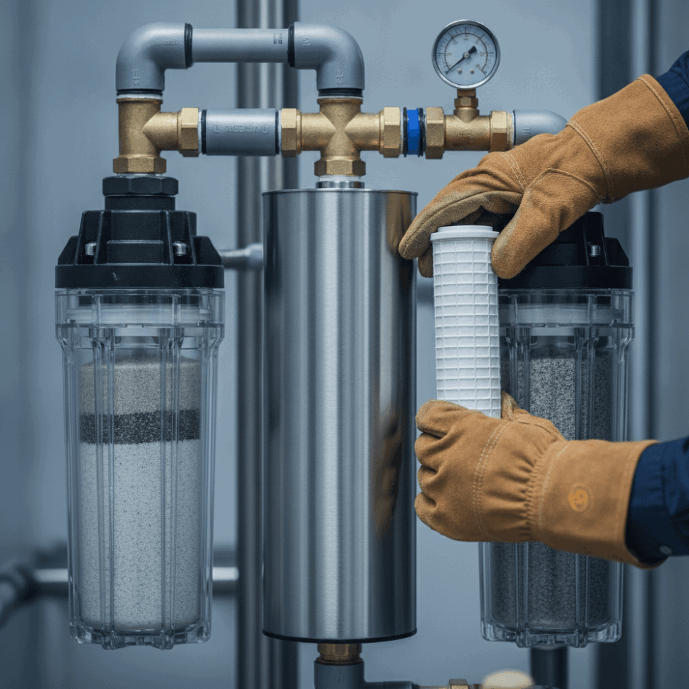 Système de filtration multi-étapes avec unité UV pour traitement d'eau de pluie stockée en cuve
