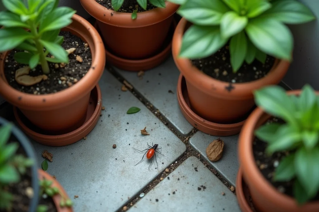 Vue en plongée d'un coin de balcon urbain avec un acarien rouge visible sur les dalles en béton près de pots de fleurs