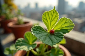 Gros plan macro d'acariens rouges sur une feuille de géranium en pot sur un balcon urbain avec vue sur la ville
