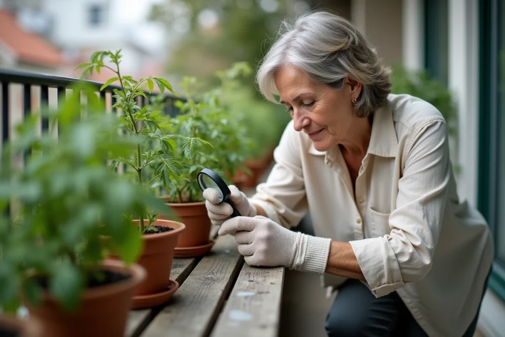Femme inspectant une plante de balcon urbain avec une loupe pour détecter des petites bestioles rouges