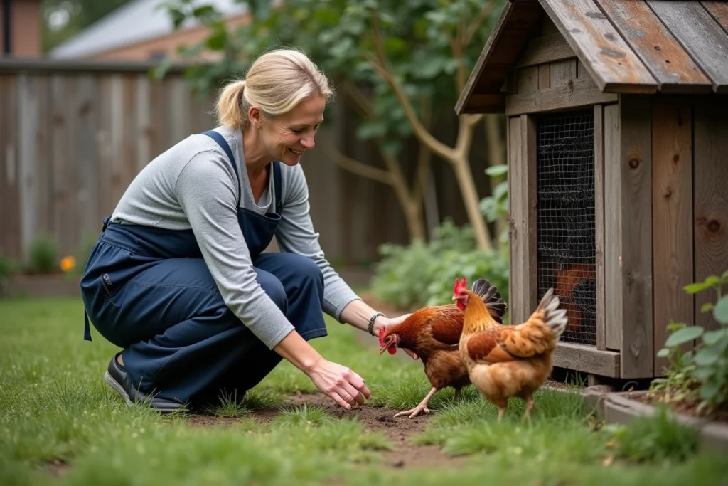 Femme propriétaire observant ses poules dans un jardin periurbain avec un petit poulailler artisanal, illustrant les inégalités de taxe entre voisins