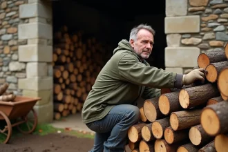 Homme empilant des bûches de chêne en stère contre un mur de pierre en milieu rural en automne