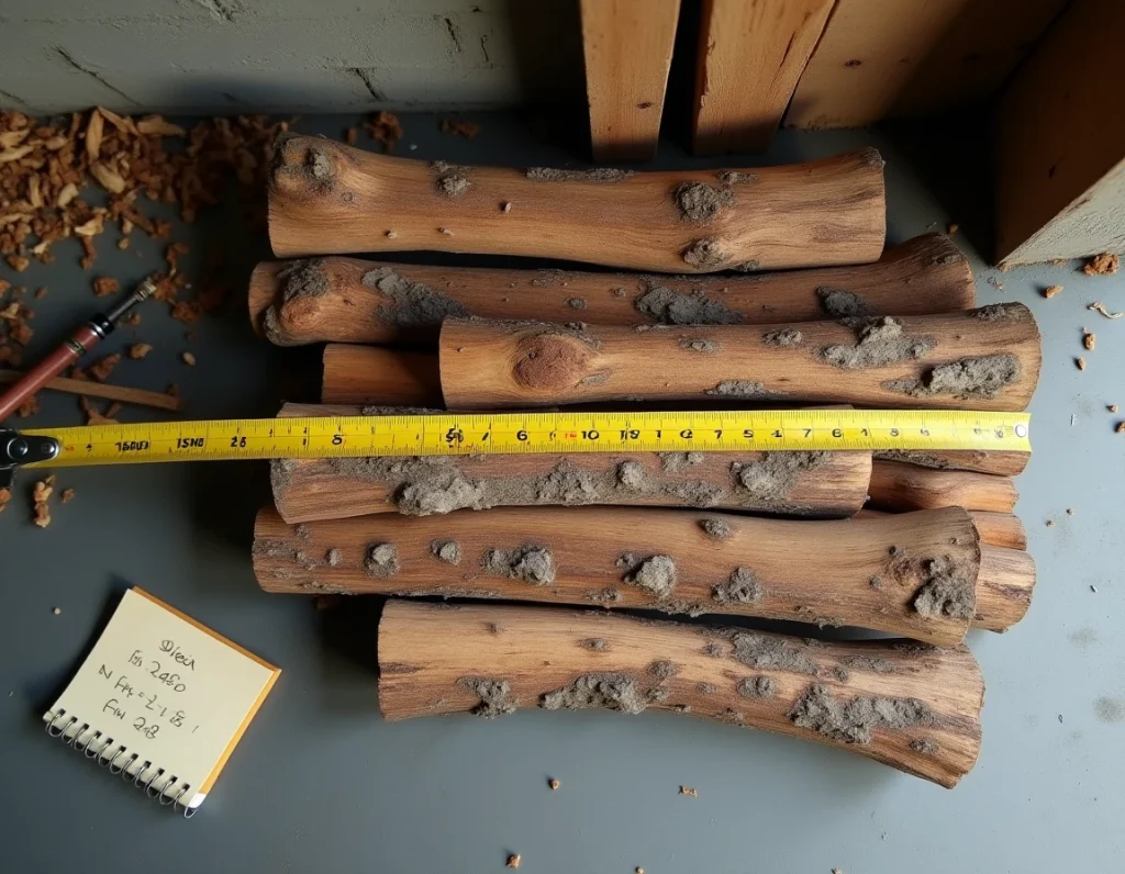 Vue de dessus d'un stère de bois mesuré avec un mètre ruban et notes de calcul de poids