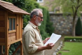 Propriétaire de jardin tenant un document administratif devant son poulailler en bois, l'air perplexe face à une taxe sur les poulaillers