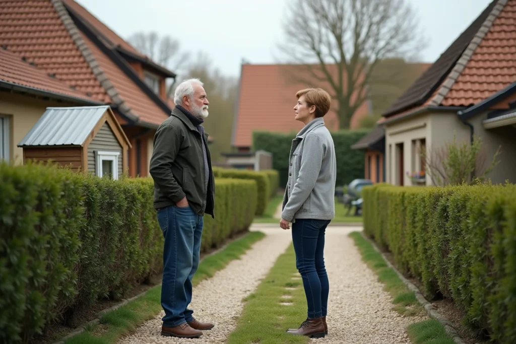 Deux voisins comparant leurs poulaillers de part et d'autre d'une haie, illustrant les différences de taxation locale sur les constructions de jardin
