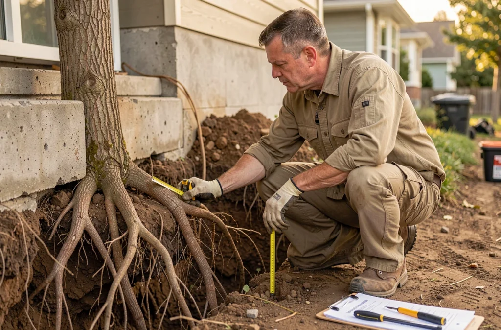 Arboriste professionnel inspectant les racines d'un eucalyptus près des fondations d'une maison