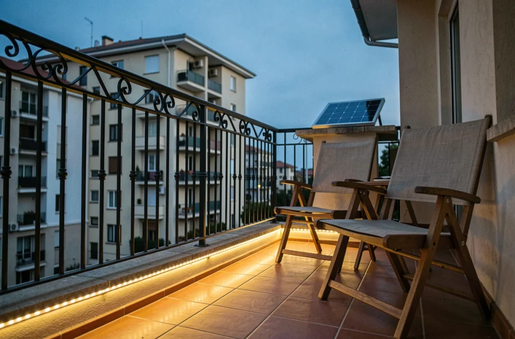 Balcon résidentiel avec bande LED solaire sur rambarde en fer forgé sans installation électrique