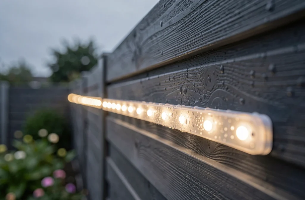 Gros plan sur une bande LED solaire étanche fixée sur une clôture extérieure après la pluie