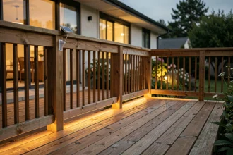 Bande LED solaire extérieure installée sous une rambarde de terrasse en bois sans travaux ni câblage