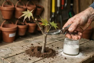 Mains tenant une bouture d'érable du Japon avec des ciseaux et de la poudre d'hormone de bouturage sur un établi de jardin