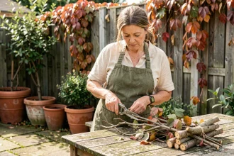 Femme jardinière taillant des boutures de vigne vierge sur une table de jardin avec un sécateur, entourée de feuillage automnal