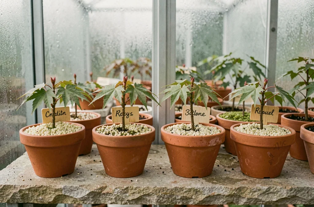 Boutures d'érable du Japon plantées dans des petits pots en terre cuite dans une serre, avec étiquettes manuscrites