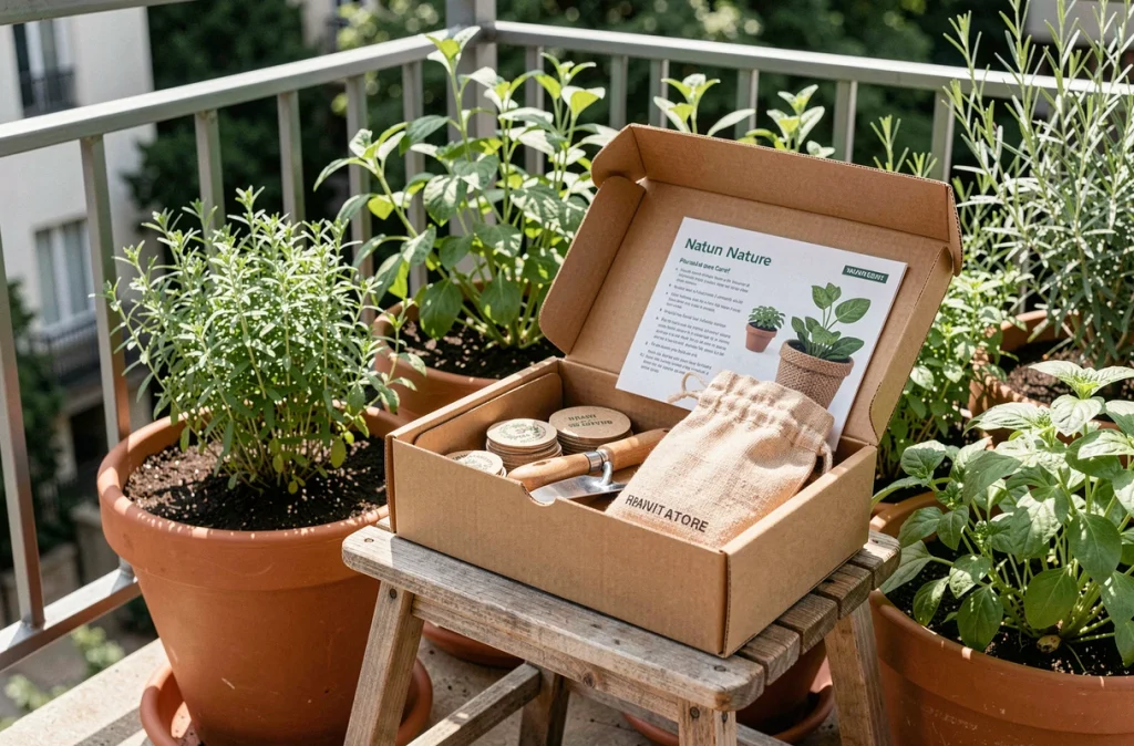 Box nature ouverte sur un balcon avec jardinière en terre cuite, graines à planter et guide de jardinage inclus
