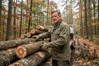 Bûcheron empilant des grumes de bois fraîchement coupées sur un camion forestier en forêt de feuillus en automne