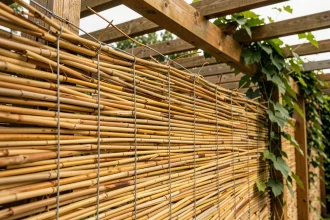 Canisse en roseau naturel fixée sur une pergola en bois, montrant la texture et le vieillissement des matériaux après exposition extérieure