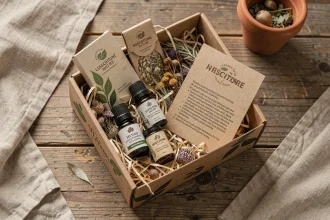 Contenu d'une box nature Pousse-pousse avec huiles essentielles, herbes séchées et sachets de graines sur une table en bois rustique