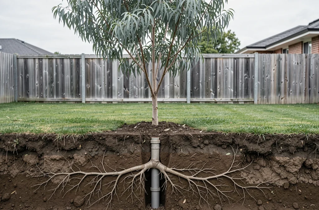 Coupe transversale du sol révélant la propagation des racines d'un jeune eucalyptus Cider Gum près d'une canalisation enterrée