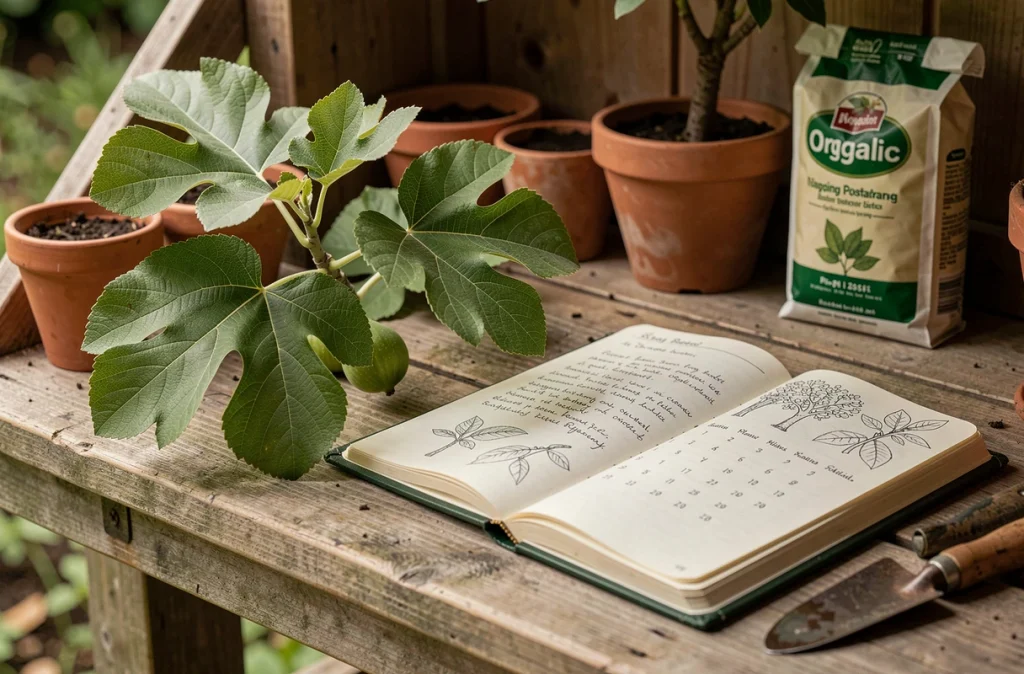 Branche de figuier avec feuilles et jeune fruit posée sur un carnet de jardinage régional en France