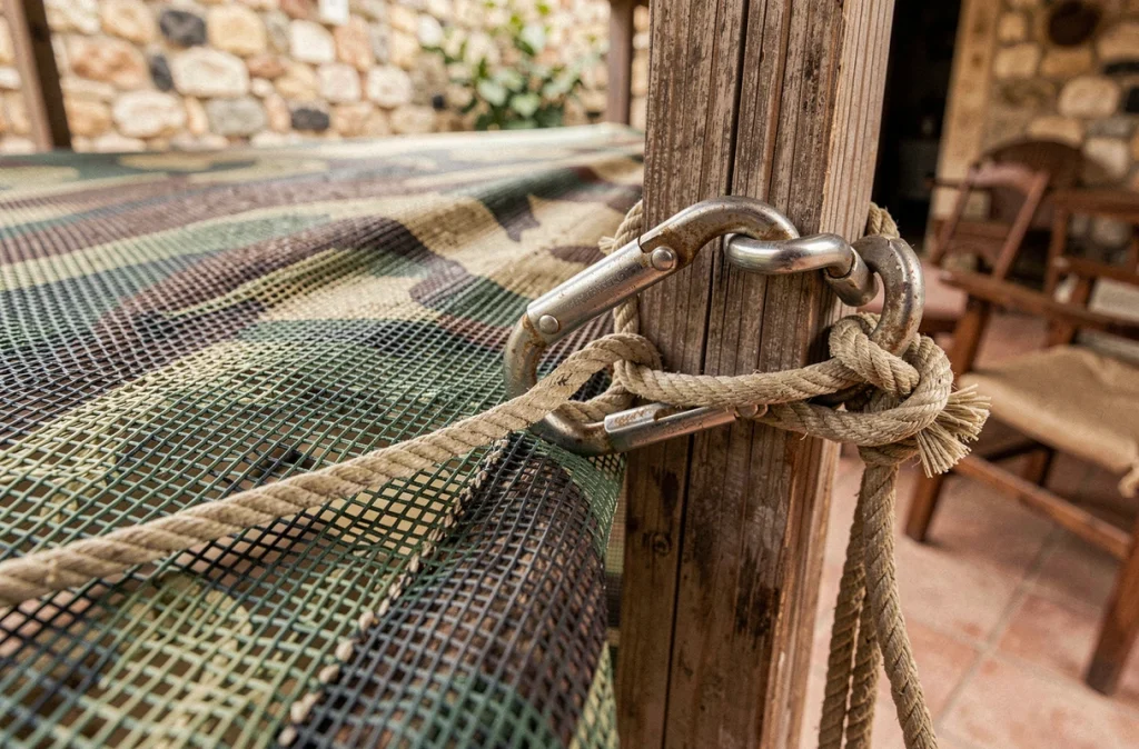 Gros plan sur la fixation d'un filet camouflage avec mousqueton en acier et corde paracord noués sur une poutre en bois, détail technique d'installation professionnelle