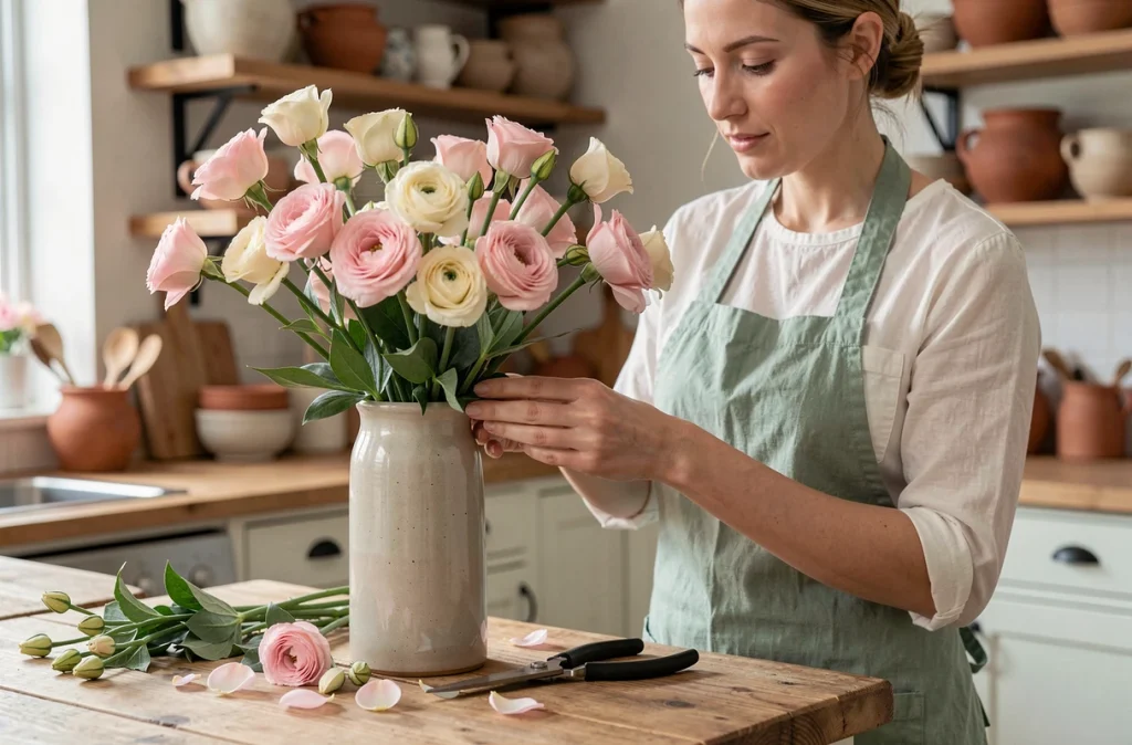 Femme arrangeant des lisianthus roses dans un vase céramique sur un comptoir de cuisine rustique en chêne