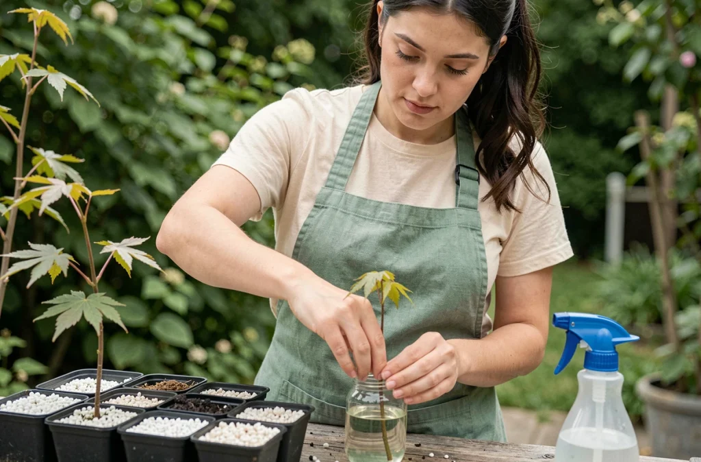 Femme trempant une bouture d'érable du Japon dans une hormone de bouturage liquide dans un jardin résidentiel
