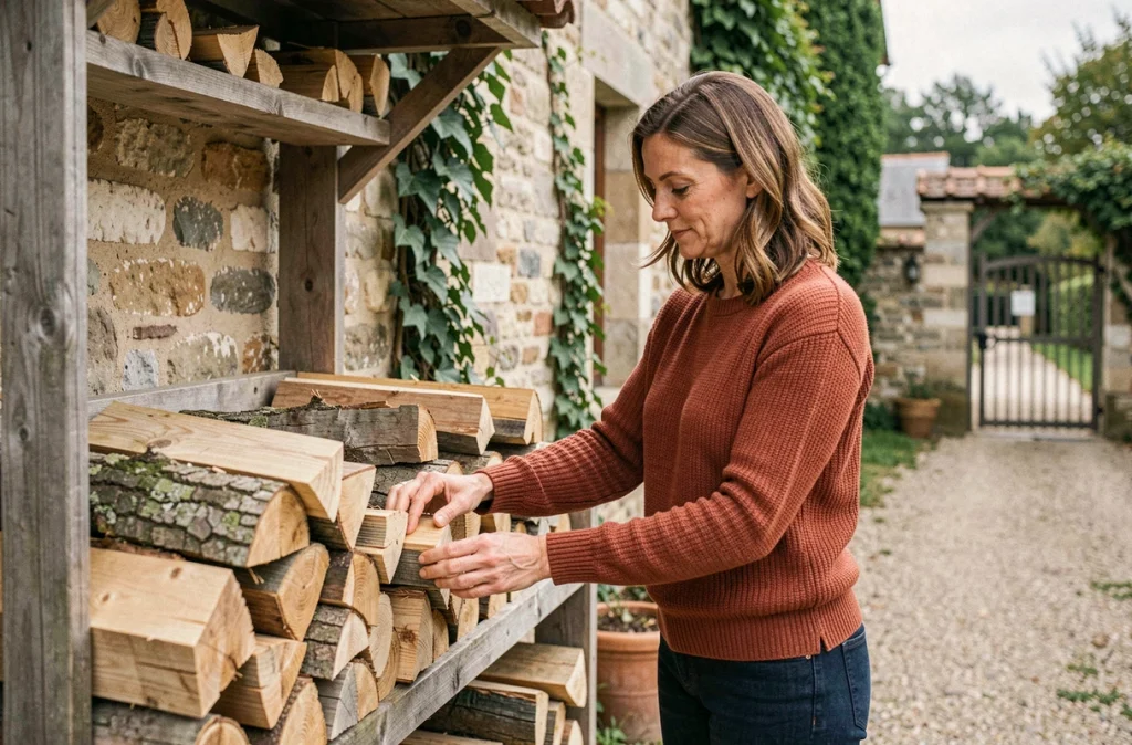 Femme rangeant des bûches prêtes à l'emploi dans un abri à bois en pierre en milieu rural français