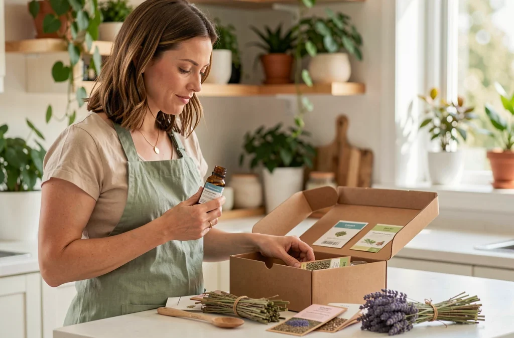 Femme découvrant le contenu d'une box nature avec une bouteille d'huile essentielle dans une cuisine lumineuse