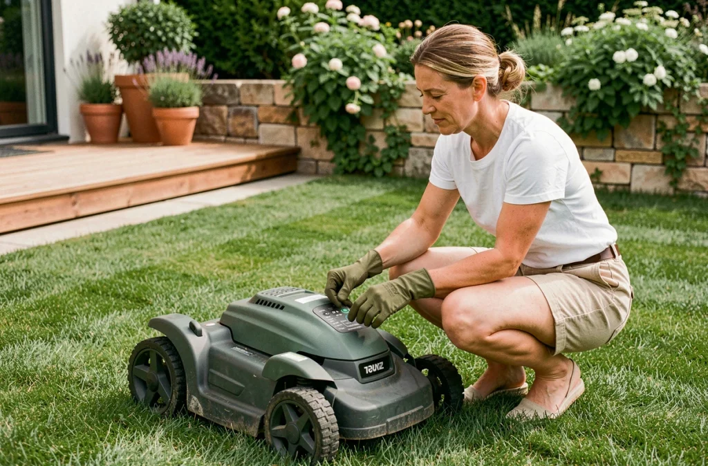 Femme ajustant une tondeuse robot sur une pelouse verte et bien entretenue dans un jardin moderne