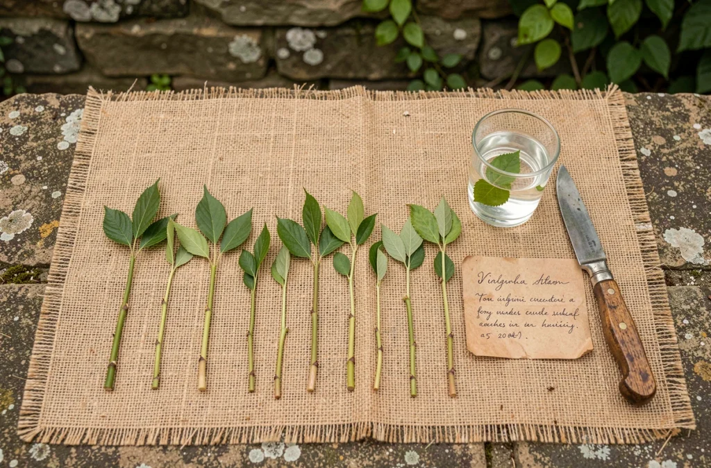 Vue de dessus d'un arrangement de boutures de vigne vierge fraîchement taillées sur une toile de jute, avec un couteau de jardin et une étiquette botanique manuscrite