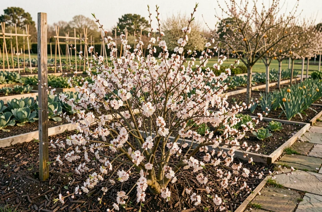 Arbuste Colina Josta en pleine floraison printanière dans un jardin potager cultivé