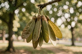 Gros plan sur les fruits ailés du mûrier platane suspendus à une branche en fin d'été dans un parc urbain