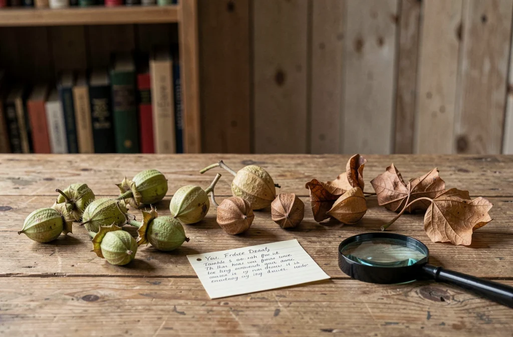 Arrangement de fruits du mûrier platane à différents stades de maturité sur une table en bois dans un espace naturaliste