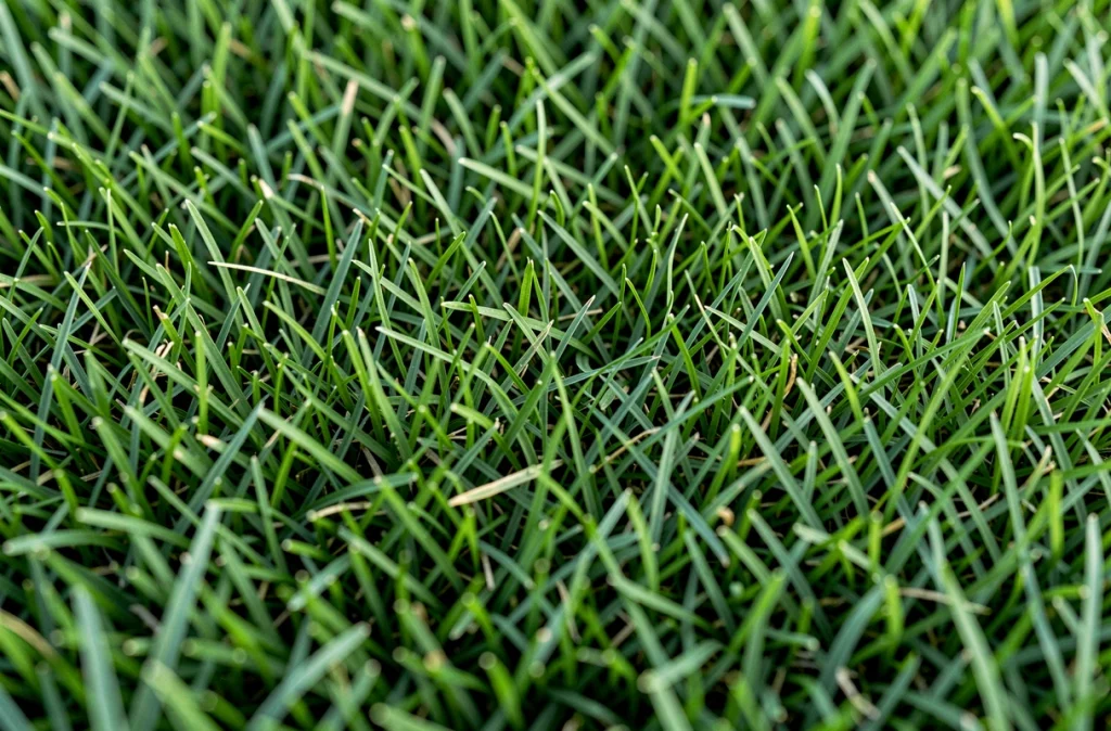 Gros plan sur une pelouse dense et uniformément tondue avec des brins d'herbe verts bien denses