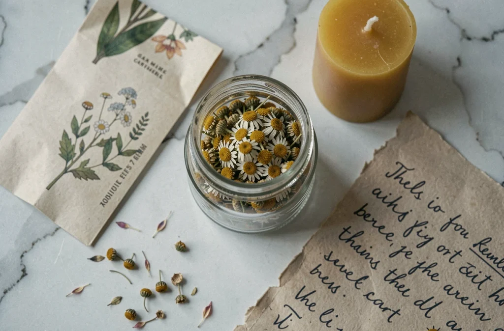 Gros plan sur les produits naturels d'une box abonnement : fleurs séchées, bougie en cire d'abeille et fiche recette artisanale