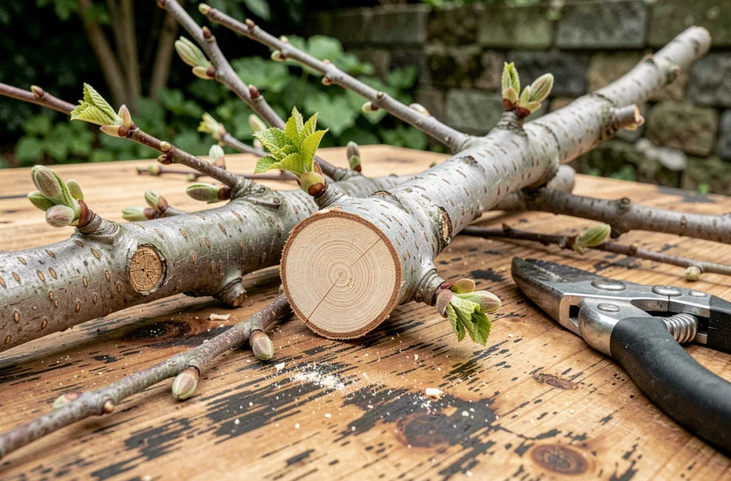 Gros plan sur des rameaux de mûrier fraîchement taillés avec des bourgeons gonflés posés sur un établi de jardin