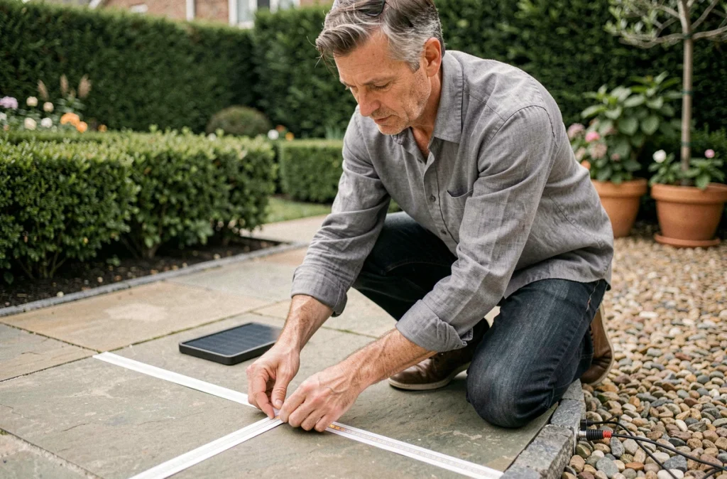 Homme installant une bande LED solaire autonome le long d'un chemin de jardin sans électricien