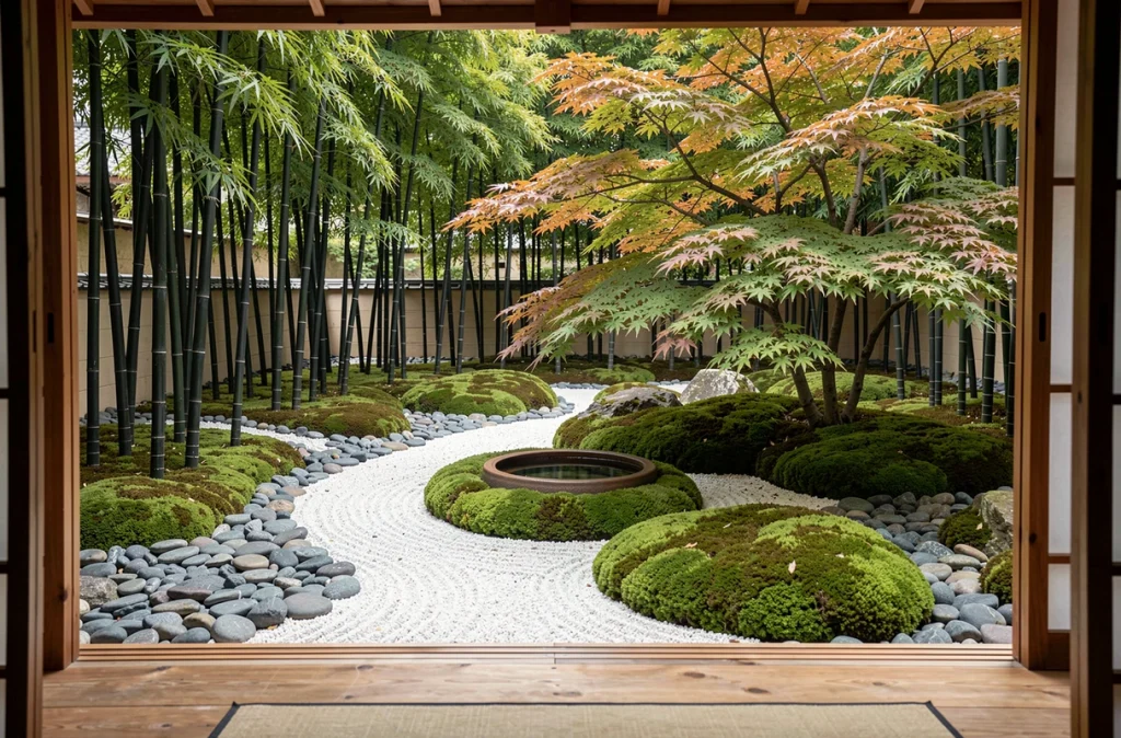 Vue panoramique d'un jardin zen résidentiel avec bambous noirs, érable et îlots de mousse depuis une véranda