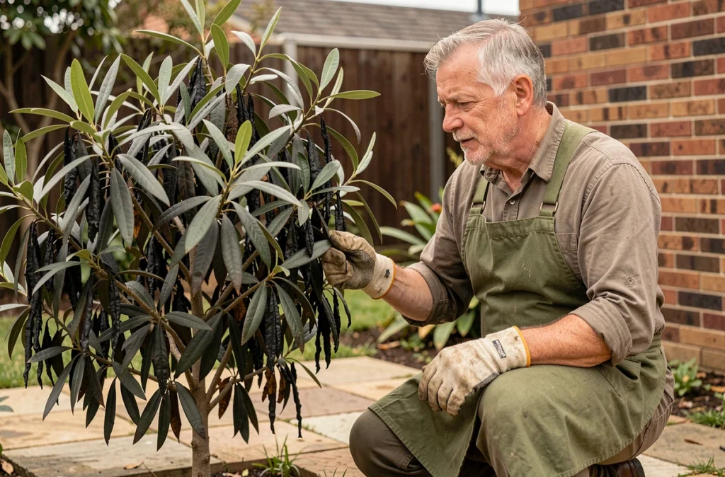 Jardinière inspectant un Pittosporum Kohuhu aux feuilles noircies dans un jardin de banlieue, diagnostic visuel d'un problème de feuillage