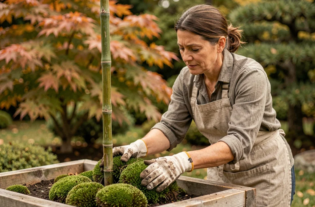 Jardinière installant de la mousse autour d'un bambou dans un jardin zen en automne