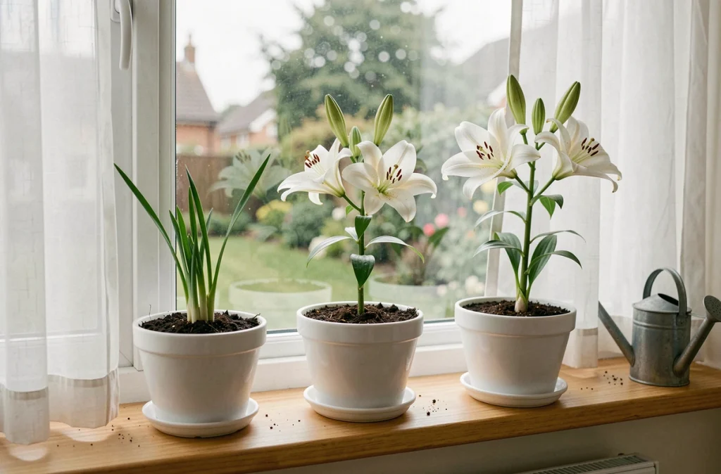 Trois lys en pots blancs sur un rebord de fenêtre intérieur avec de nouvelles pousses vertes émergentes
