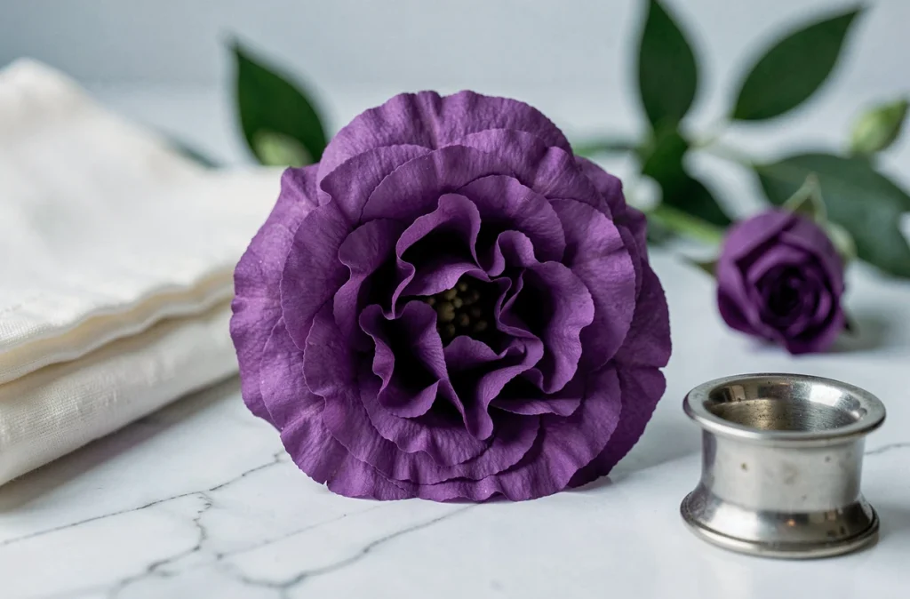 Gros plan macro d'une fleur de lisianthus violet profond sur marbre blanc avec bourgeon et feuilles en arrière-plan flou