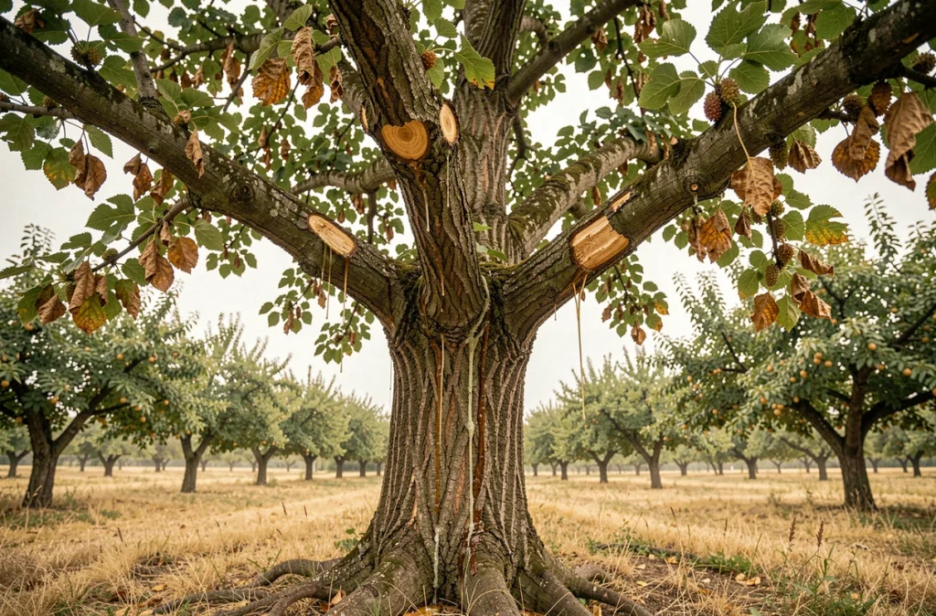 Mûrier en plein été présentant des signes de taille mal effectuée avec des feuilles jaunissantes et de la sève qui coule sur l'écorce