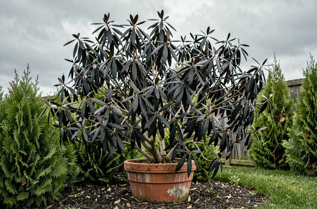 Vue d'ensemble d'un Pittosporum Kohuhu aux feuilles massivement noircies dans une bordure de jardin, comparaison avec des plantes voisines saines