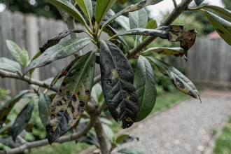 Feuillage noirci et nécrosé d'un Pittosporum Kohuhu en gros plan, montrant différents stades de décoloration des feuilles dans un jardin résidentiel