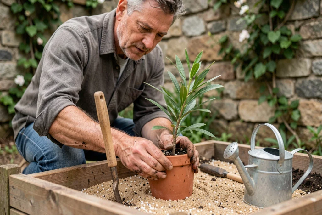 Homme plantant une bouture de laurier rose sans hormone dans un pot en terre cuite rempli de substrat sableux au jardin