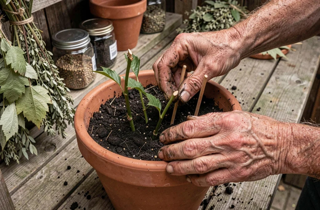 Mains masculines plantant des boutures de vigne vierge dans un pot en terre cuite rempli de terreau humide dans un abri de jardin