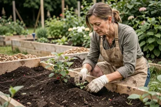 Jardinière plantant des jeunes plants de Colina Josta dans un potager au printemps
