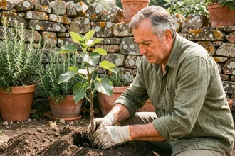 Jardinier plantant un jeune figuier dans un jardin provençal avec un mur en pierre sèche en arrière-plan