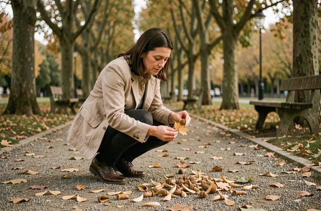 Une femme examine un fruit de mûrier platane tombé au sol sur un chemin de parc arboré en automne