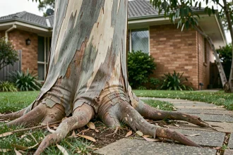Racines superficielles d'un eucalyptus Cider Gum soulevant une allée en pierre dans un jardin résidentiel